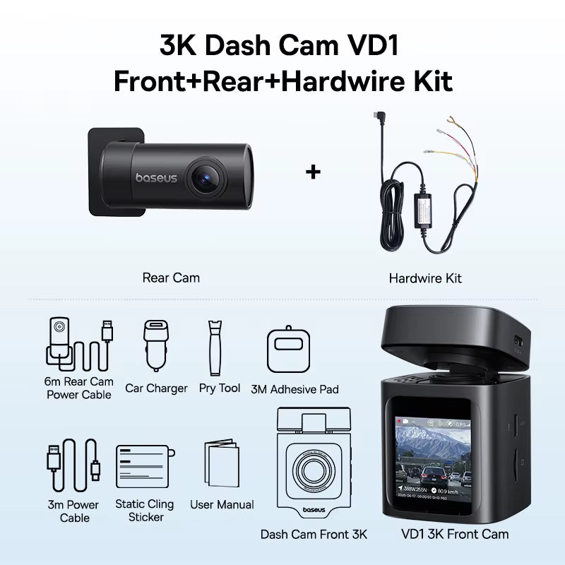 3K Dash Cam VD1 Front and Rear Cam HD Built-In GPS Galileo Supercapacitor Car DVR Car Camera Recorder Support 24H Parking
