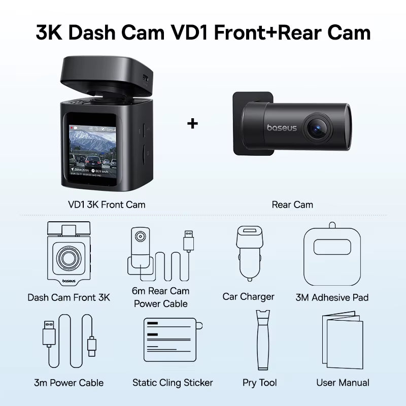 3K Dash Cam VD1 Front and Rear Cam HD Built-In GPS Galileo Supercapacitor Car DVR Car Camera Recorder Support 24H Parking